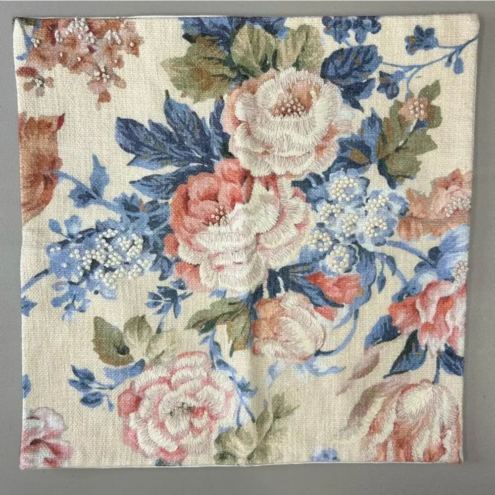 Pottery Barn Euro Pillow Cover Floral Tapestry Art in Pink Blue Embroidered NEW